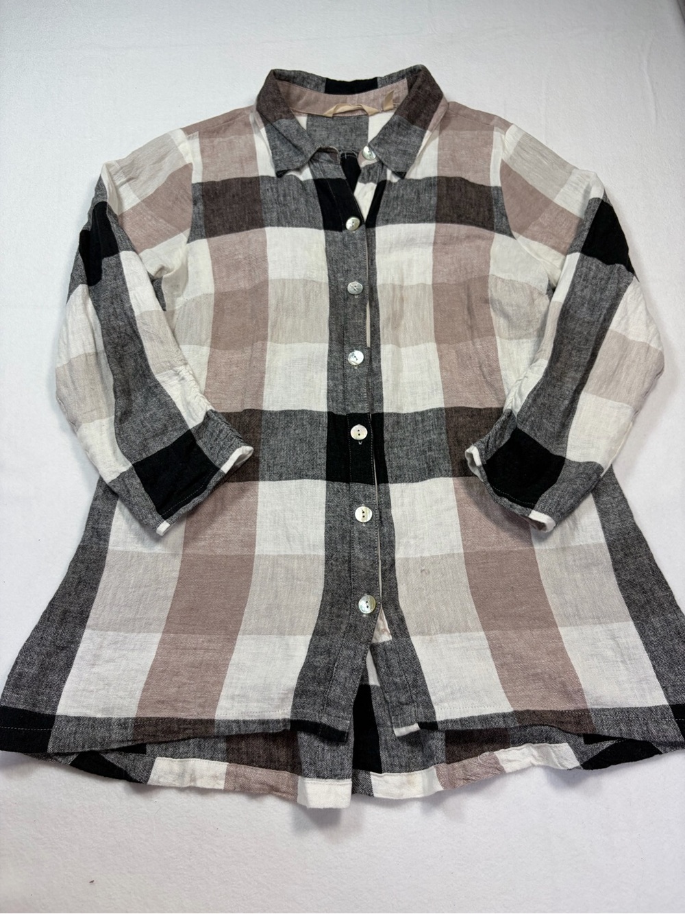 Soft Surroundings Linen Blend Plaid Tunic Top Womens Medium Button down back zip